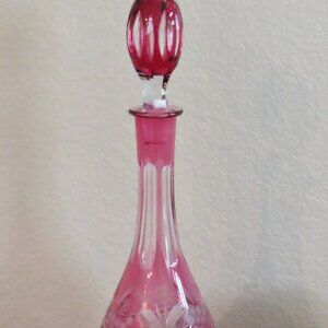 Vintage Cut to Clear Cranberry Decanter 16"